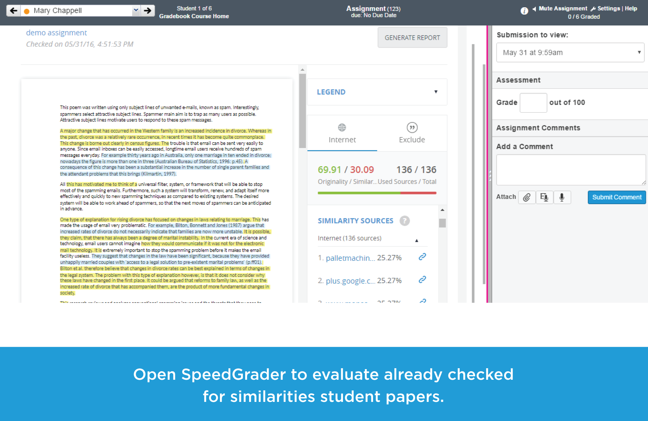 Unplag allows using SpeedGrader to grade papers checked for plagiarism